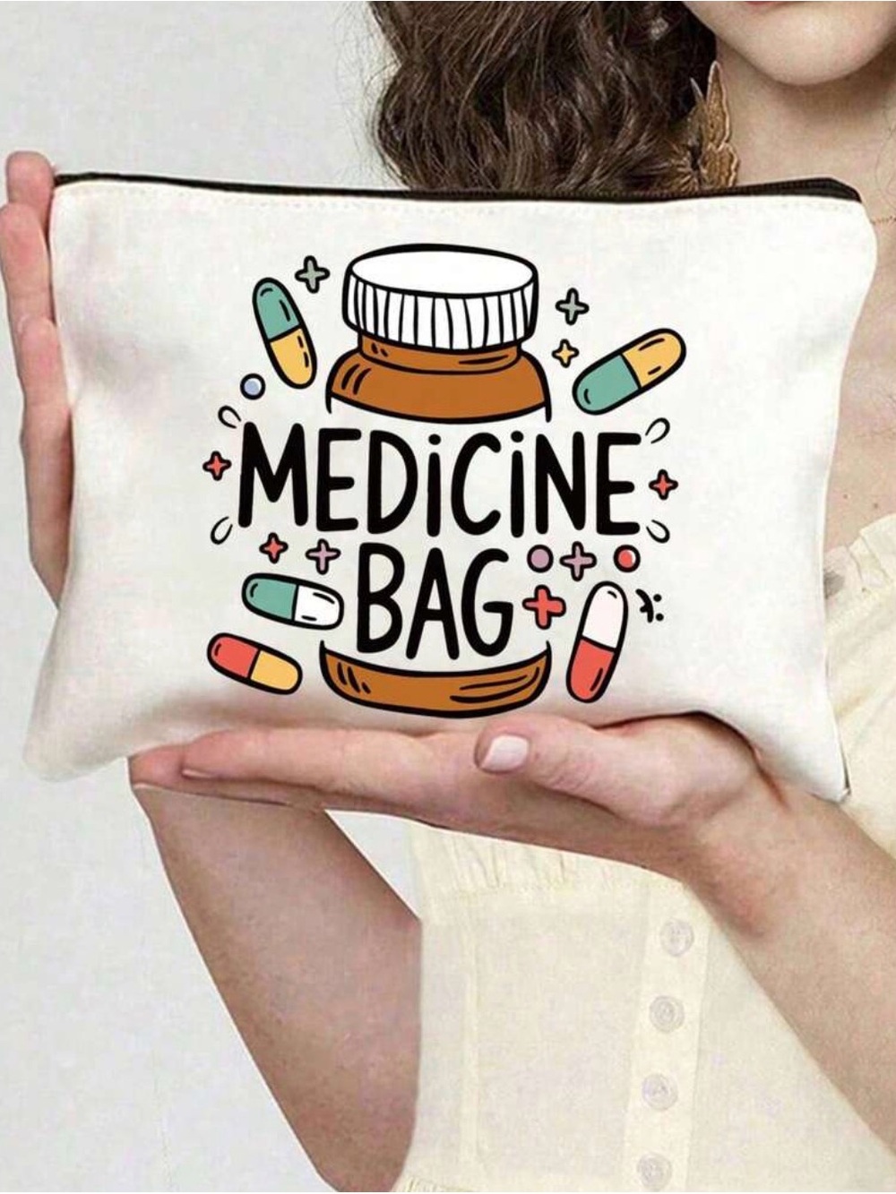 Medicine Bag Canvas Cosmetic Pouch - White Multicolor Print